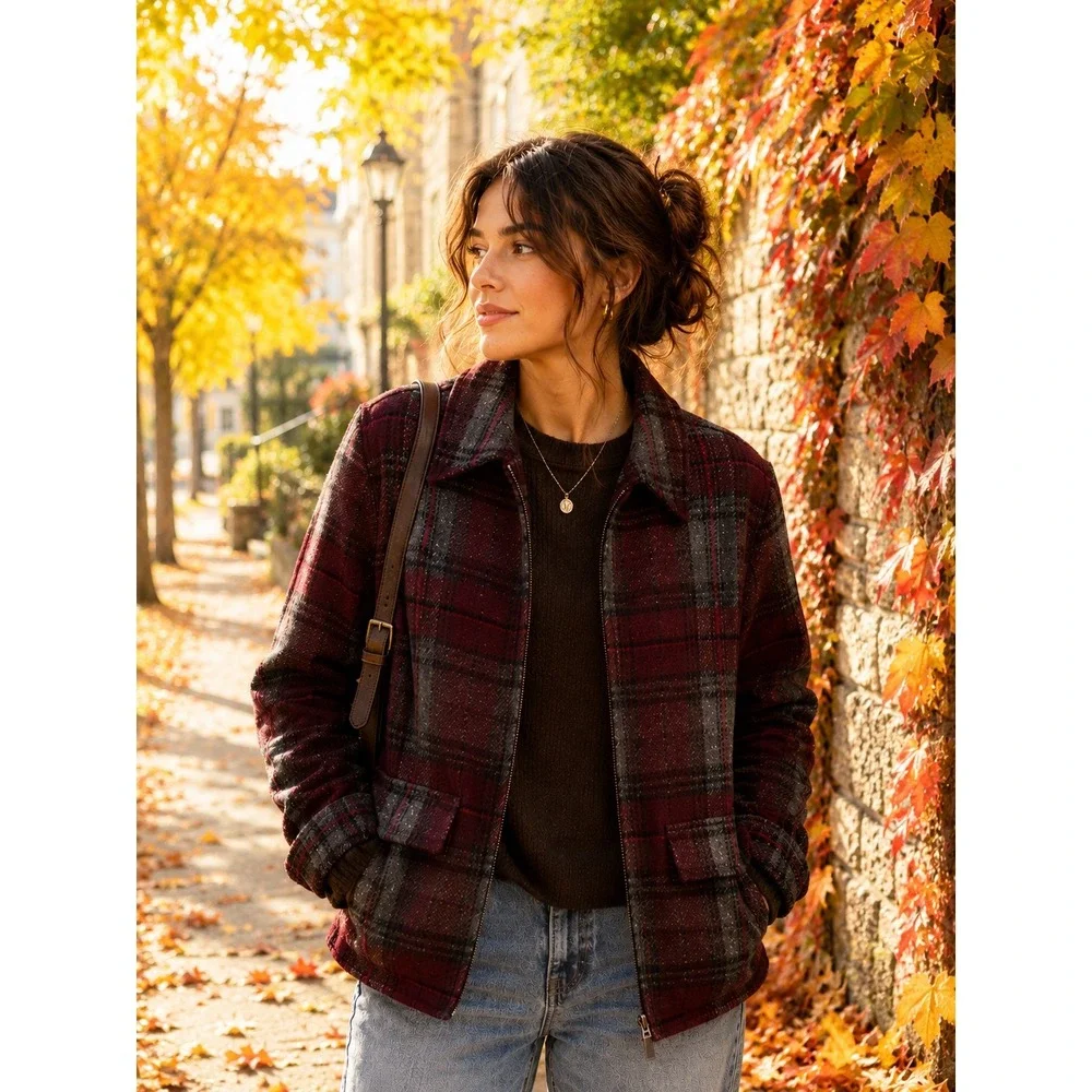Vintage Fashion Bug Plaid Jacket Women XL Burgundy Wool Blend Barn‎ Jacket Coat